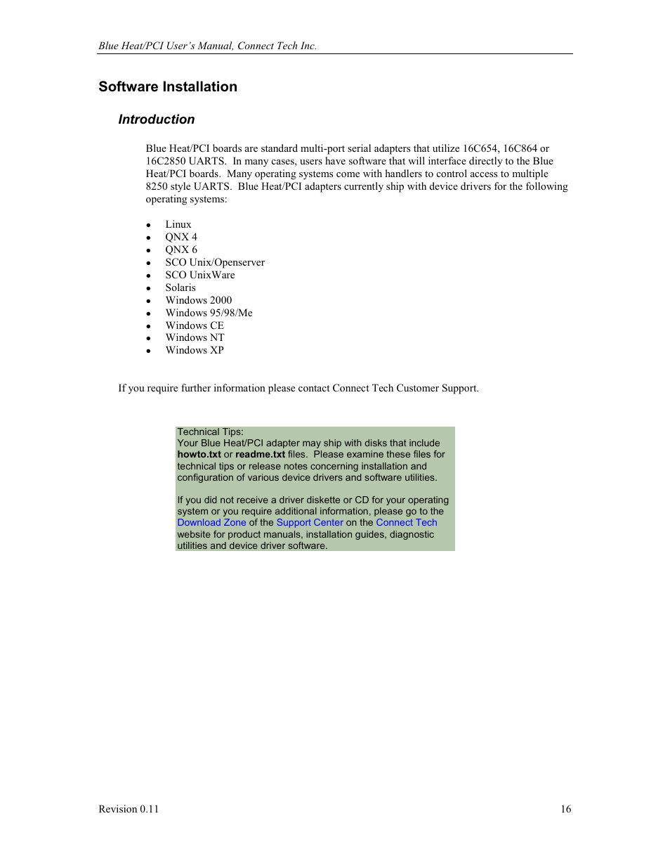 Software installation, Introduction | Connect Tech Blue Heat/PCI PCI Serial Communications User Manual | Page 16 / 47