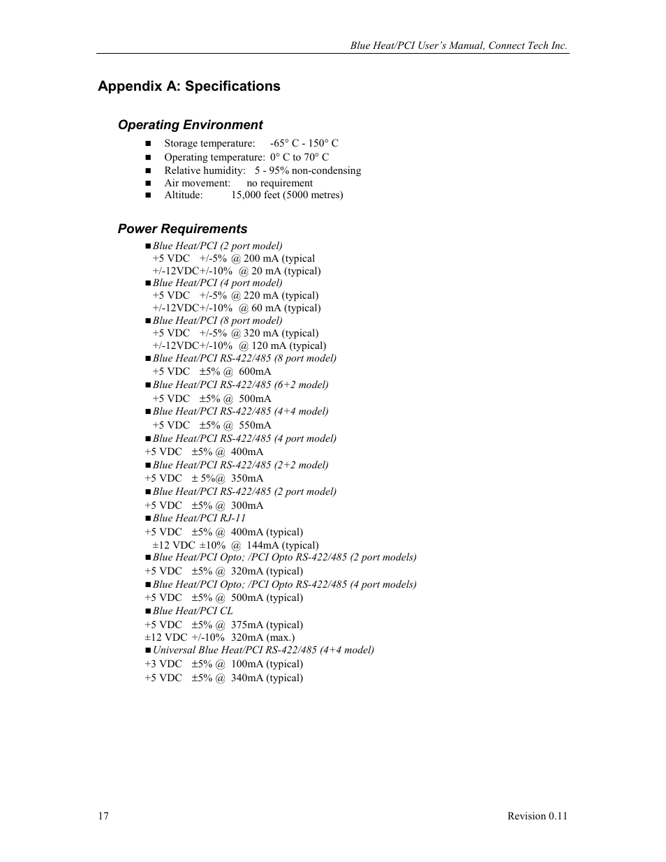 Appendix a: specifications, Operating environment, Power requirements | Connect Tech Blue Heat/PCI PCI Serial Communications User Manual | Page 17 / 47