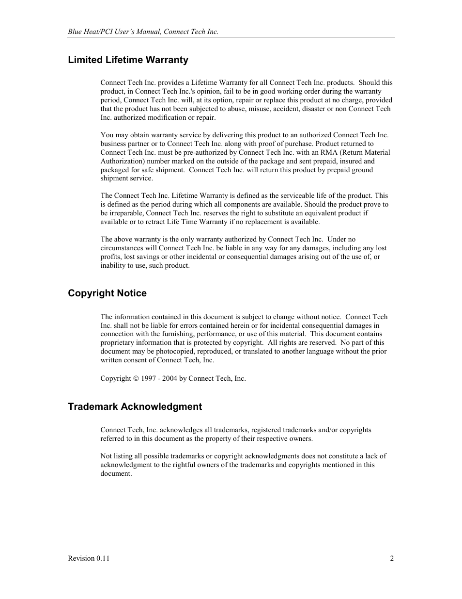 Limited lifetime warranty, Copyright notice, Trademark acknowledgment | Connect Tech Blue Heat/PCI PCI Serial Communications User Manual | Page 2 / 47