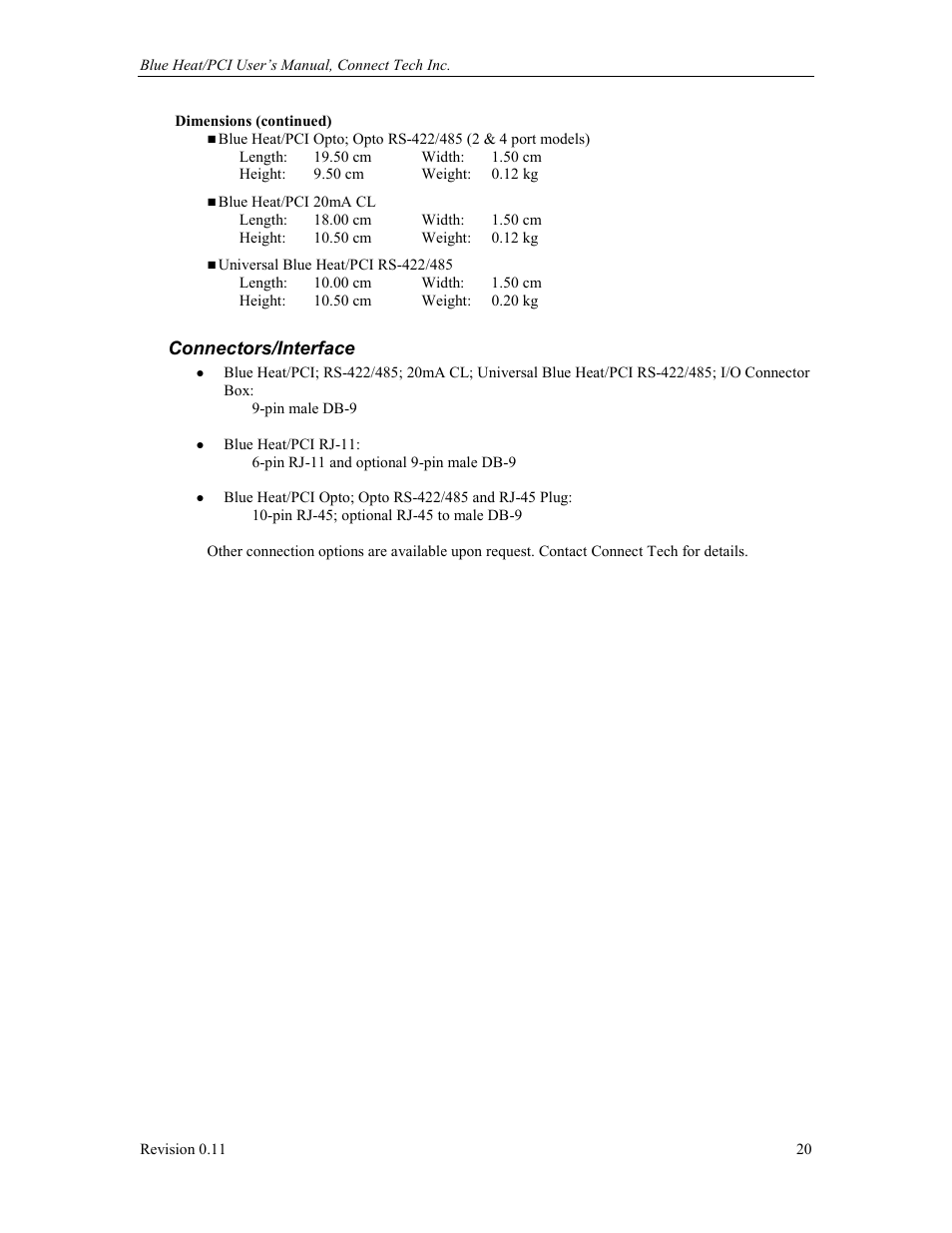 Connectors/interface | Connect Tech Blue Heat/PCI PCI Serial Communications User Manual | Page 20 / 47