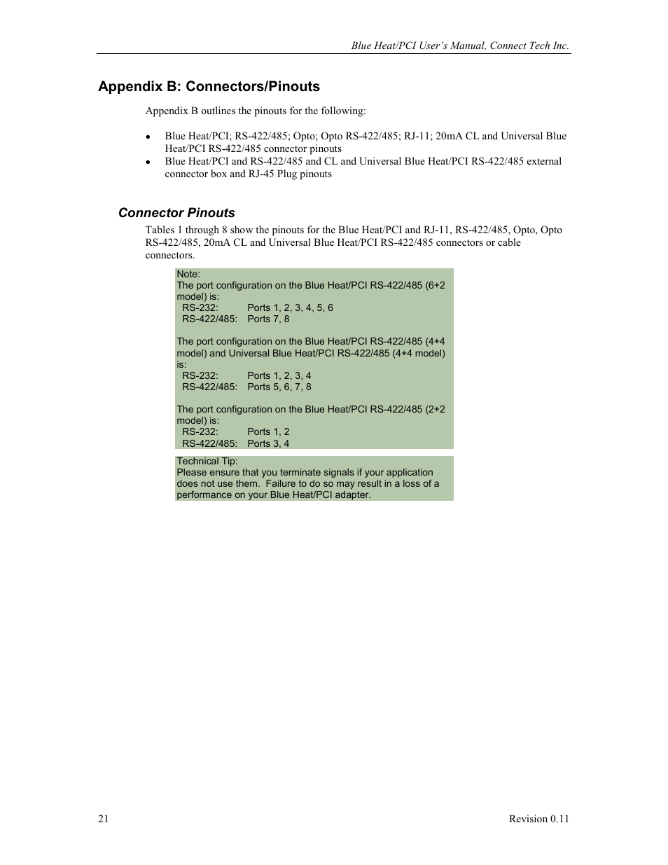 Appendix b: connectors/pinouts, Connector pinouts | Connect Tech Blue Heat/PCI PCI Serial Communications User Manual | Page 21 / 47