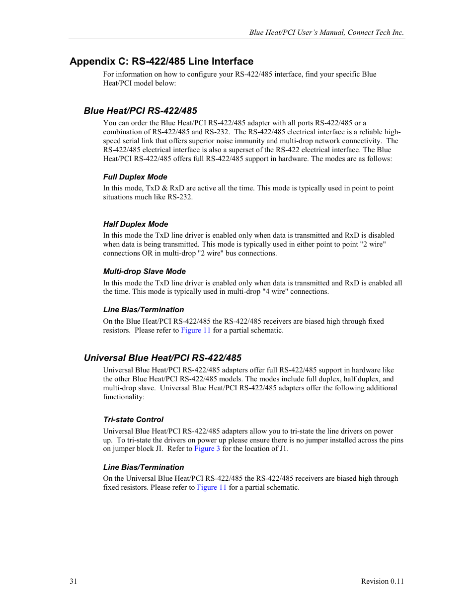 Appendix c: rs422/485 line interface, Blue heat/pci rs422/485, Universal blue heat/pci rs422/485 | Appendix c: rs-422/485 line interface, Blue heat/pci rs-422/485, Full duplex mode, Half duplex mode, Multi-drop slave mode, Line bias/termination, Universal blue heat/pci rs-422/485 | Connect Tech Blue Heat/PCI PCI Serial Communications User Manual | Page 31 / 47