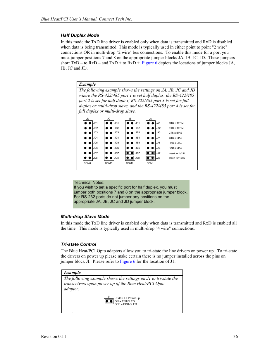 Half duplex mode, Multi-drop slave mode, Tri-state control | Connect Tech Blue Heat/PCI PCI Serial Communications User Manual | Page 36 / 47