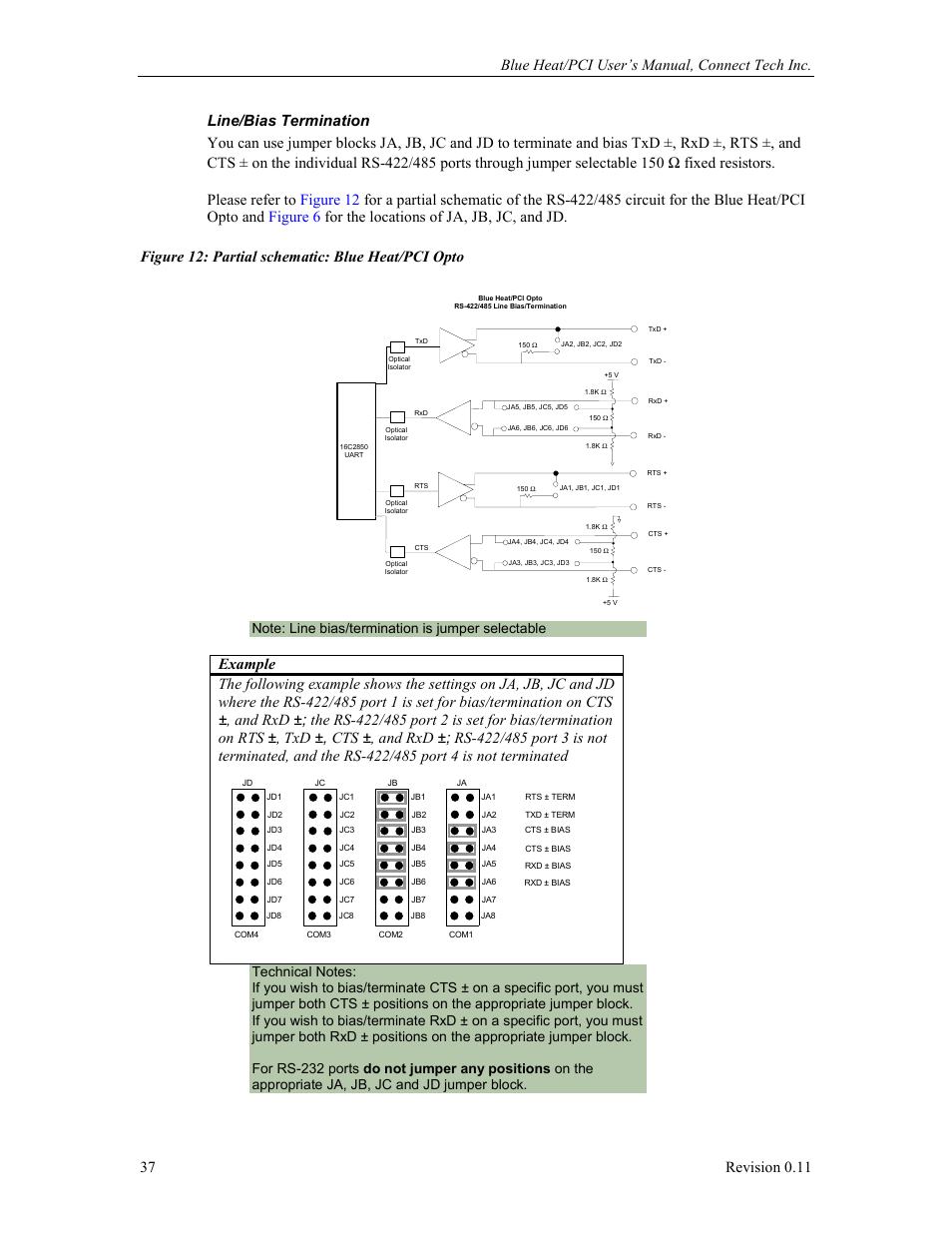 Line/bias termination, Figure 12: partial schematic: blue heat/pci opto | Connect Tech Blue Heat/PCI PCI Serial Communications User Manual | Page 37 / 47