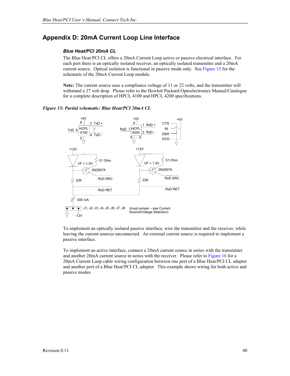 Appendix d: 20ma current loop line interface, Blue heat/pci 20ma cl | Connect Tech Blue Heat/PCI PCI Serial Communications User Manual | Page 40 / 47