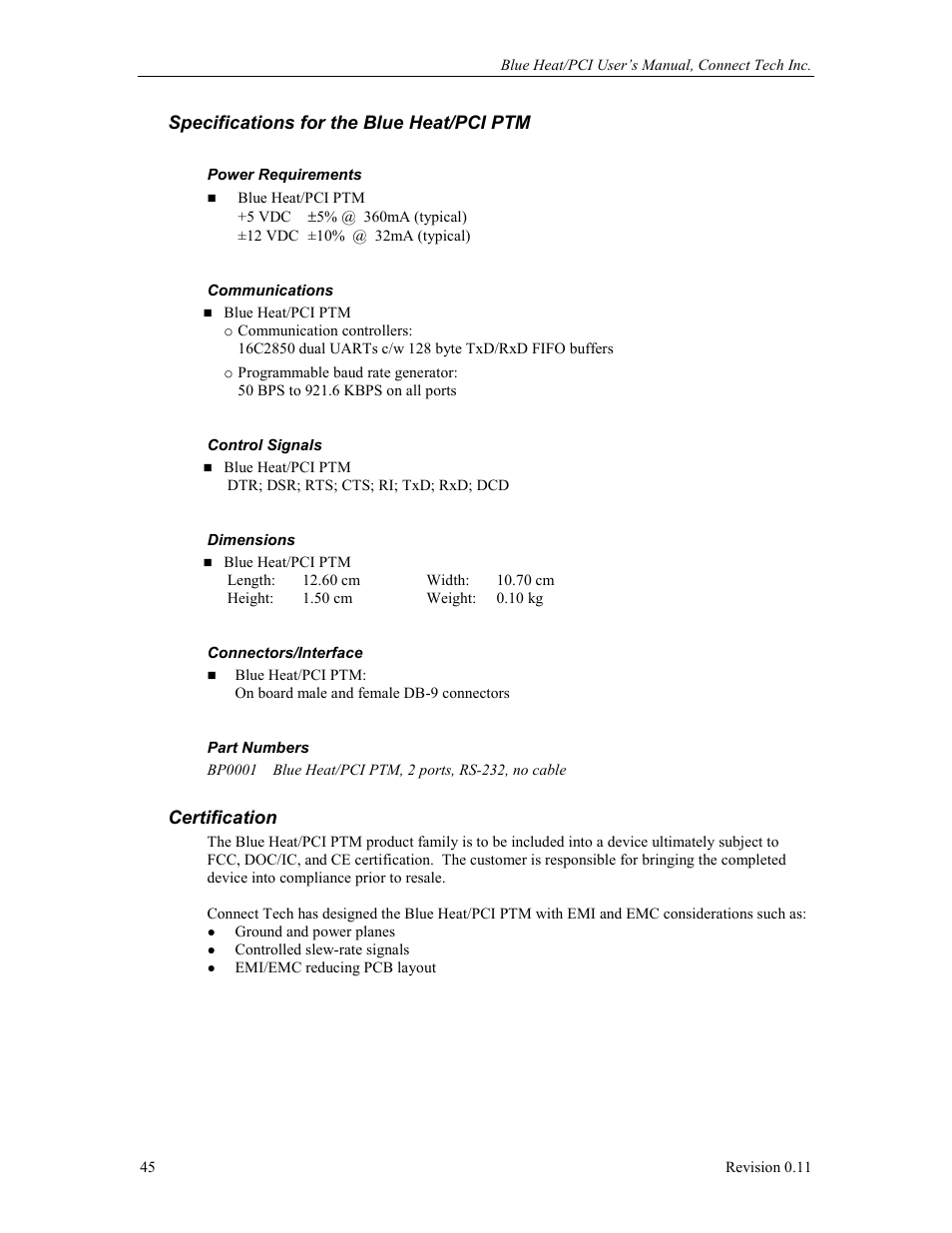 Specifications for the blue heat/pci ptm, Certification, Power requirements | Communications, Control signals, Dimensions, Connectors/interface, Part numbers | Connect Tech Blue Heat/PCI PCI Serial Communications User Manual | Page 45 / 47