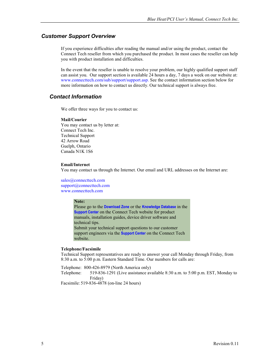 Customer support overview, Contact information | Connect Tech Blue Heat/PCI PCI Serial Communications User Manual | Page 5 / 47