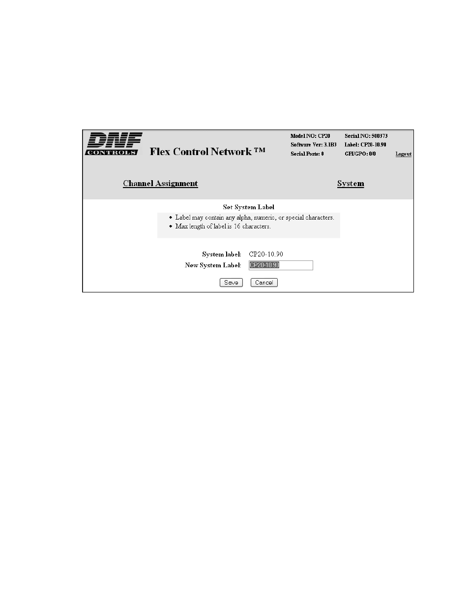 Set system label | DNF Controls CP20 User Manual | Page 13 / 42