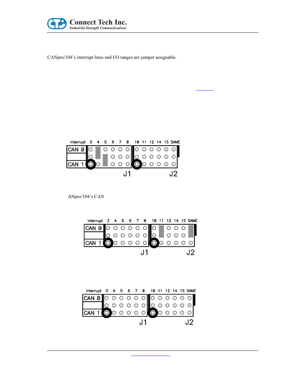 Interrupts and memory i/o range selection, Interrupt selection, Unique interrupt lines | Sharing a single interrupt line, No interrupts | Connect Tech CANPRO CTIM-00043 User Manual | Page 19 / 25