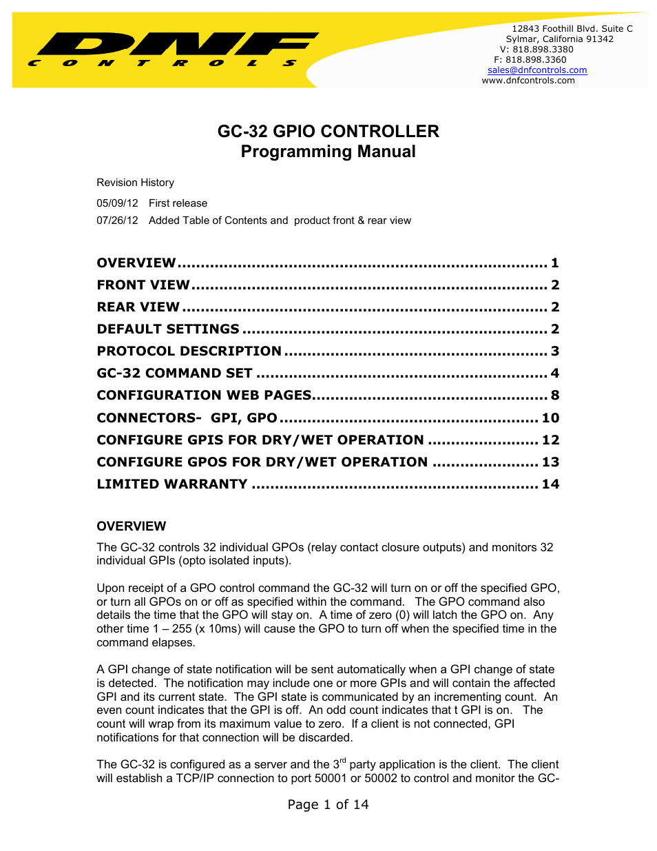 DNF Controls GC-32 GPIO Controller User Manual | 14 pages