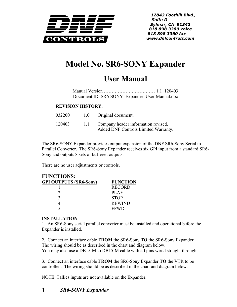 DNF Controls SR6-SONY Expander User Manual | 4 pages