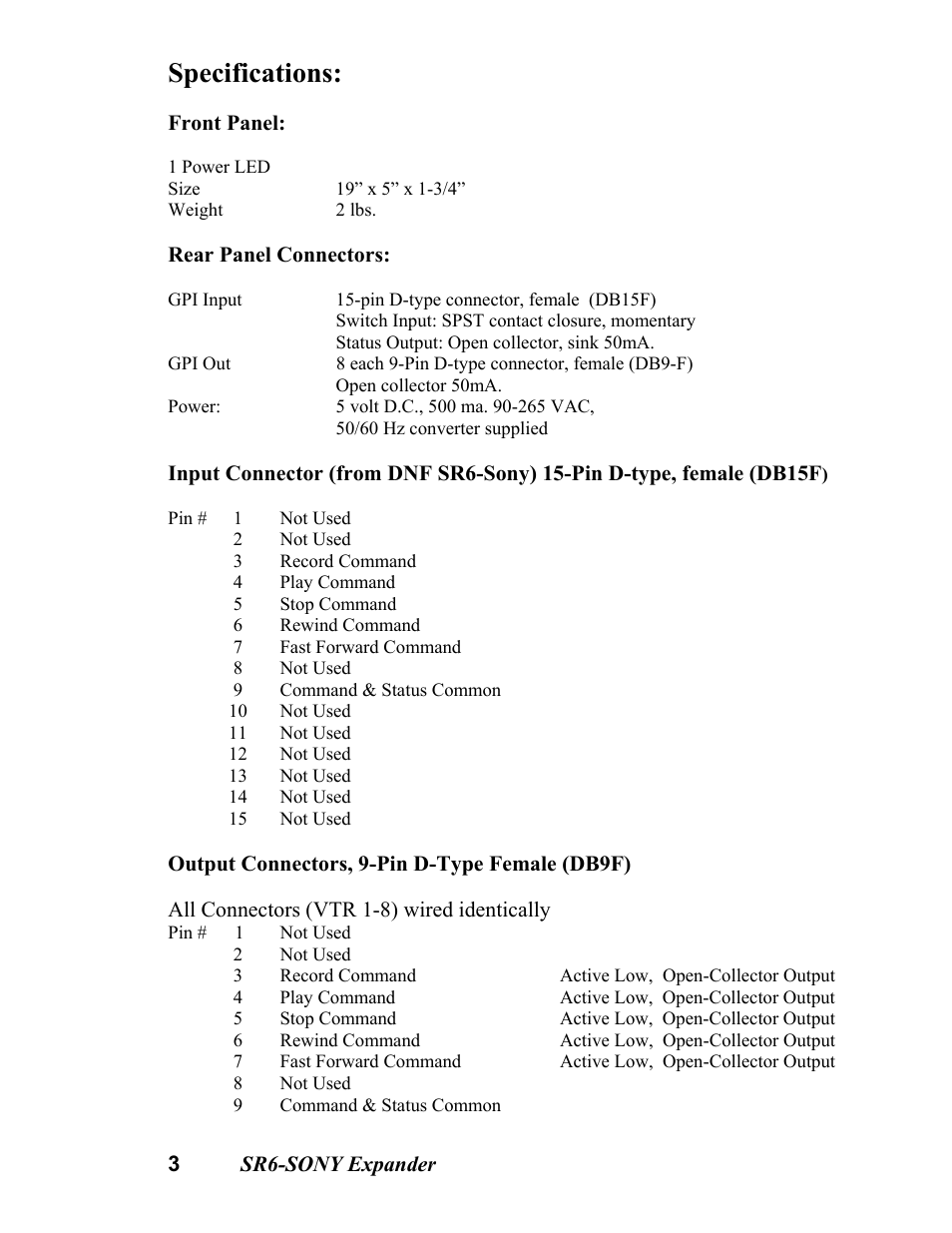 Specifications | DNF Controls SR6-SONY Expander User Manual | Page 3 / 4