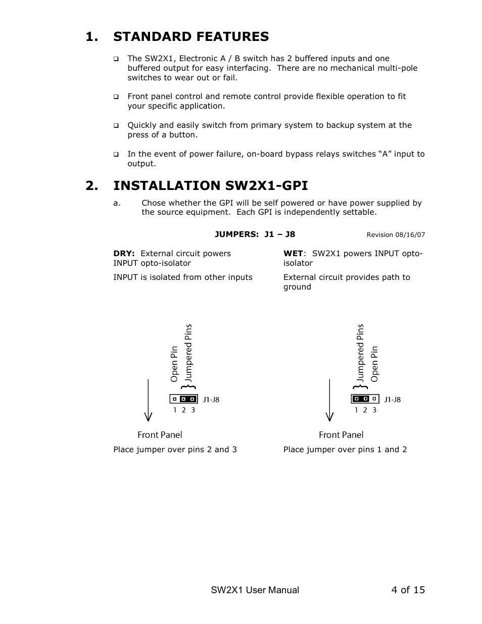 Standard features, Installation sw2x1-gpi | DNF Controls SW2X1 User Manual | Page 4 / 14