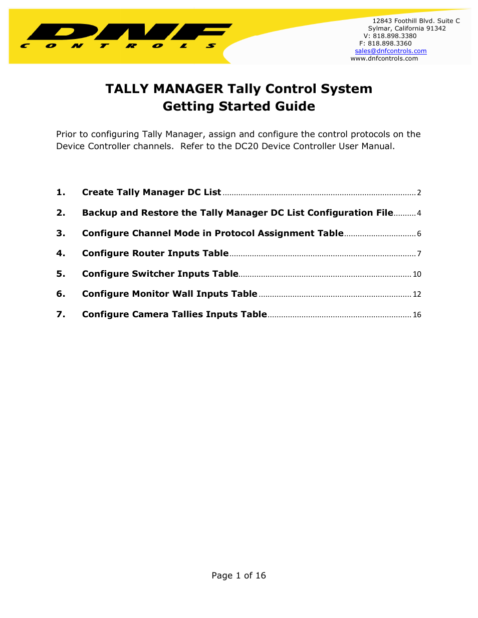 DNF Controls Tally Manager User Manual | 16 pages