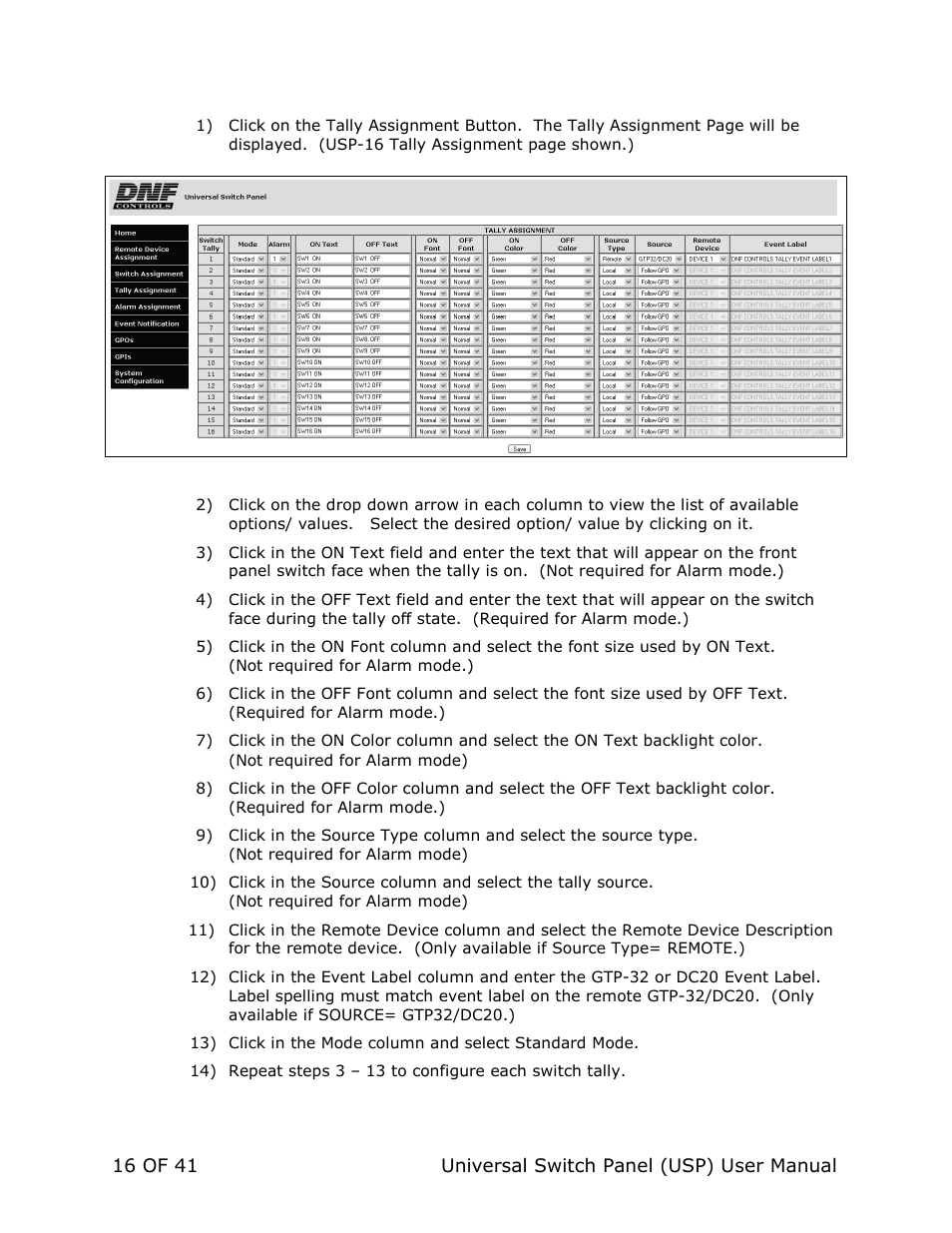 DNF Controls Universal Switch Panel (USP-8, USP-8D, & USP-16) User Manual | Page 18 / 43
