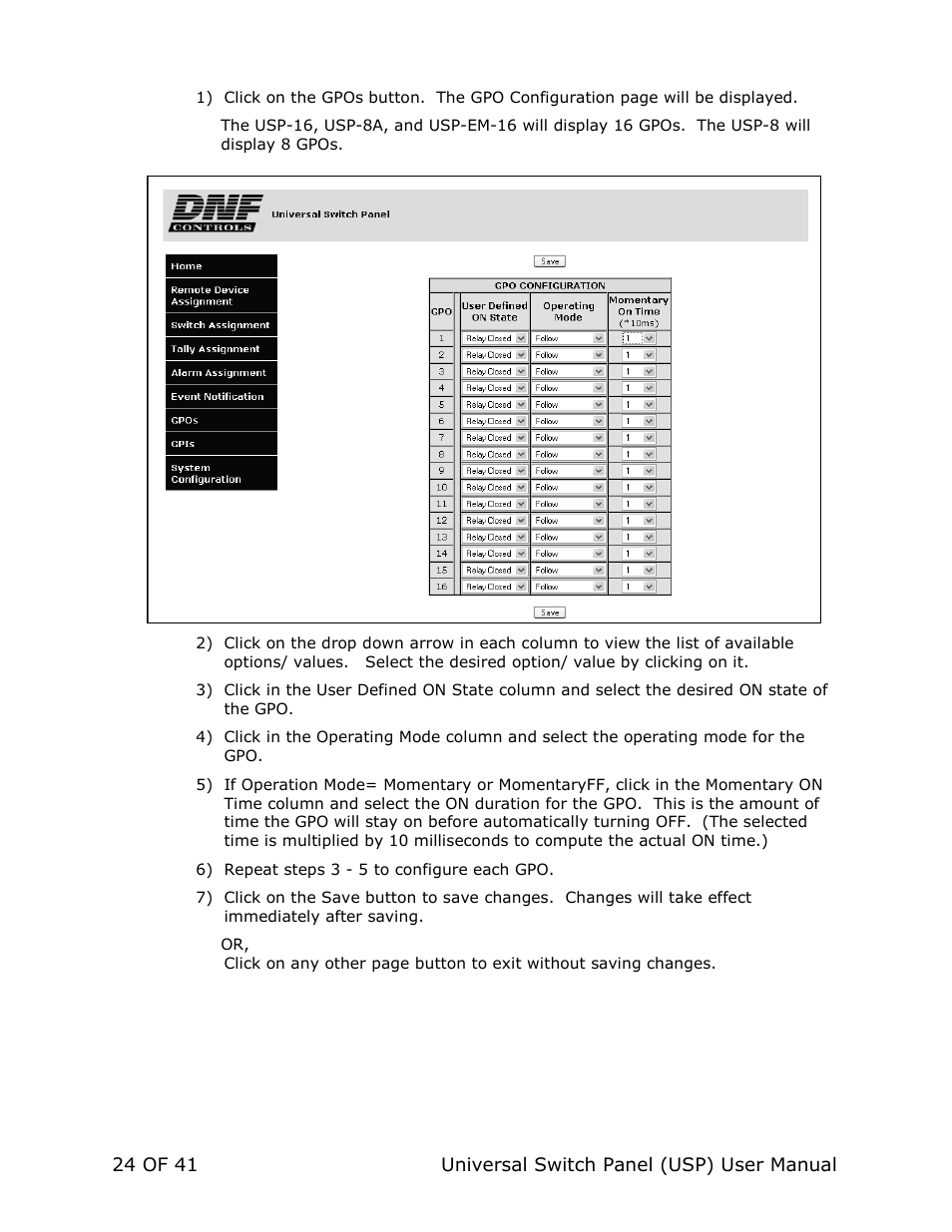 DNF Controls Universal Switch Panel (USP-8, USP-8D, & USP-16) User Manual | Page 26 / 43
