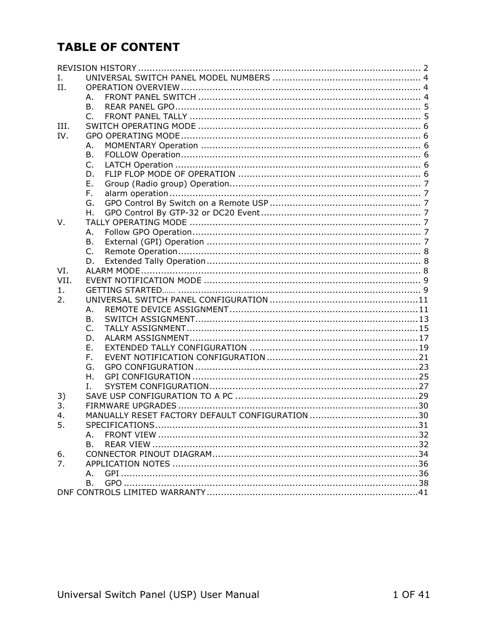 Table of content | DNF Controls Universal Switch Panel (USP-8, USP-8D, & USP-16) User Manual | Page 3 / 43