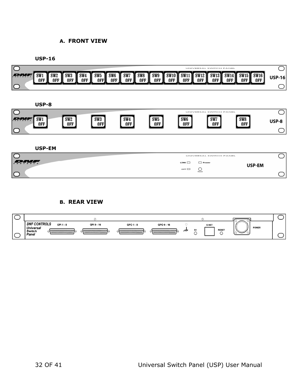 DNF Controls Universal Switch Panel (USP-8, USP-8D, & USP-16) User Manual | Page 34 / 43