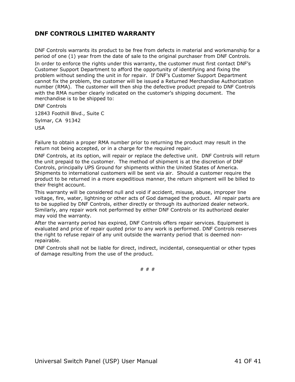 DNF Controls Universal Switch Panel (USP-8, USP-8D, & USP-16) User Manual | Page 43 / 43