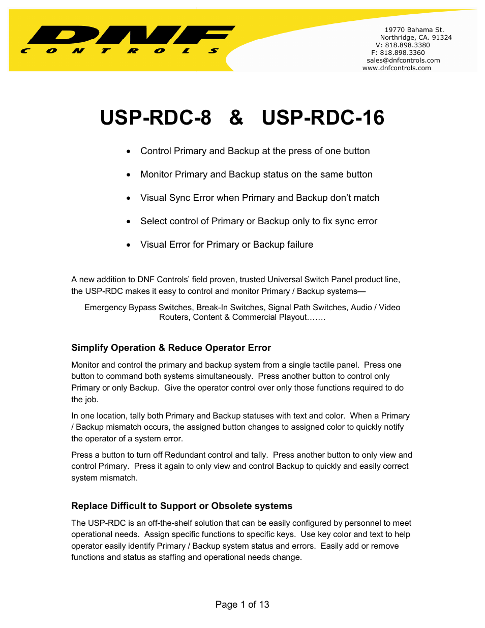 DNF Controls USP-RDC User Manual | 13 pages