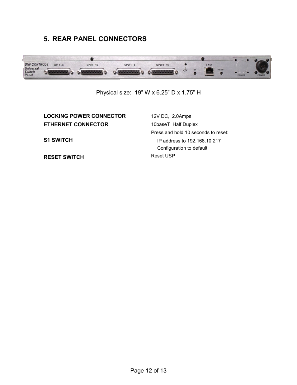 Rear panel connectors | DNF Controls USP-RDC User Manual | Page 12 / 13