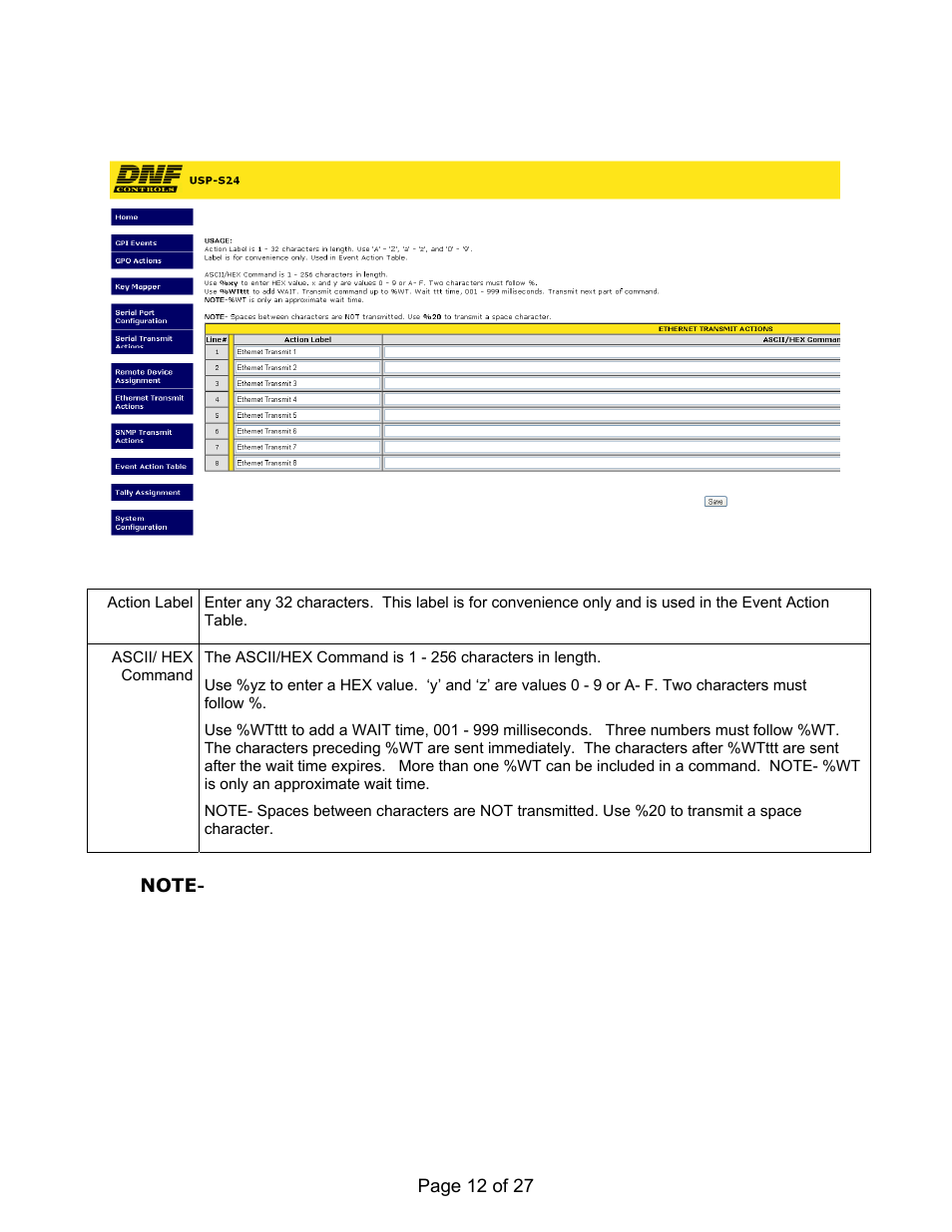 Ethernet transmit actions configuration web page | DNF Controls USP-S User Manual | Page 12 / 27