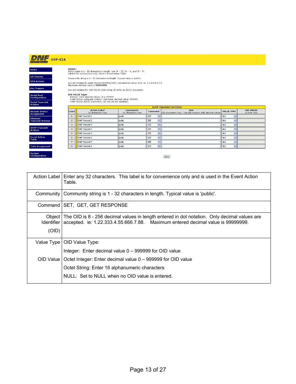 Snmp transmit actions configuration web page | DNF Controls USP-S User Manual | Page 13 / 27