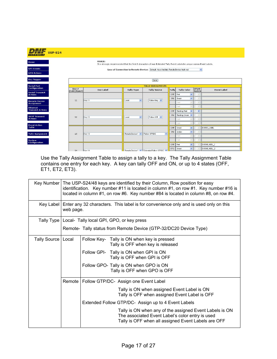 Tally assignment configuration web page | DNF Controls USP-S User Manual | Page 17 / 27