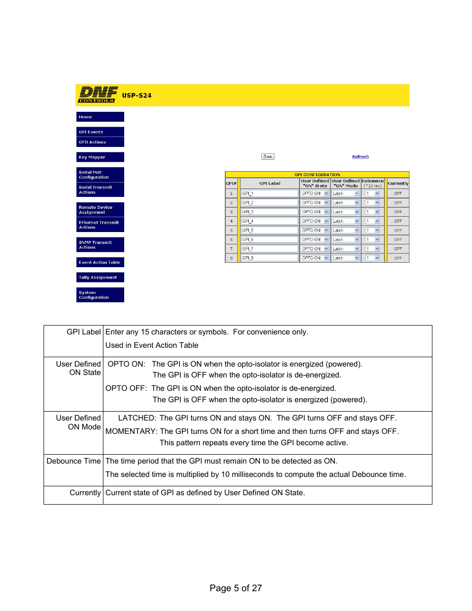 Gpi events configuration web page | DNF Controls USP-S User Manual | Page 5 / 27