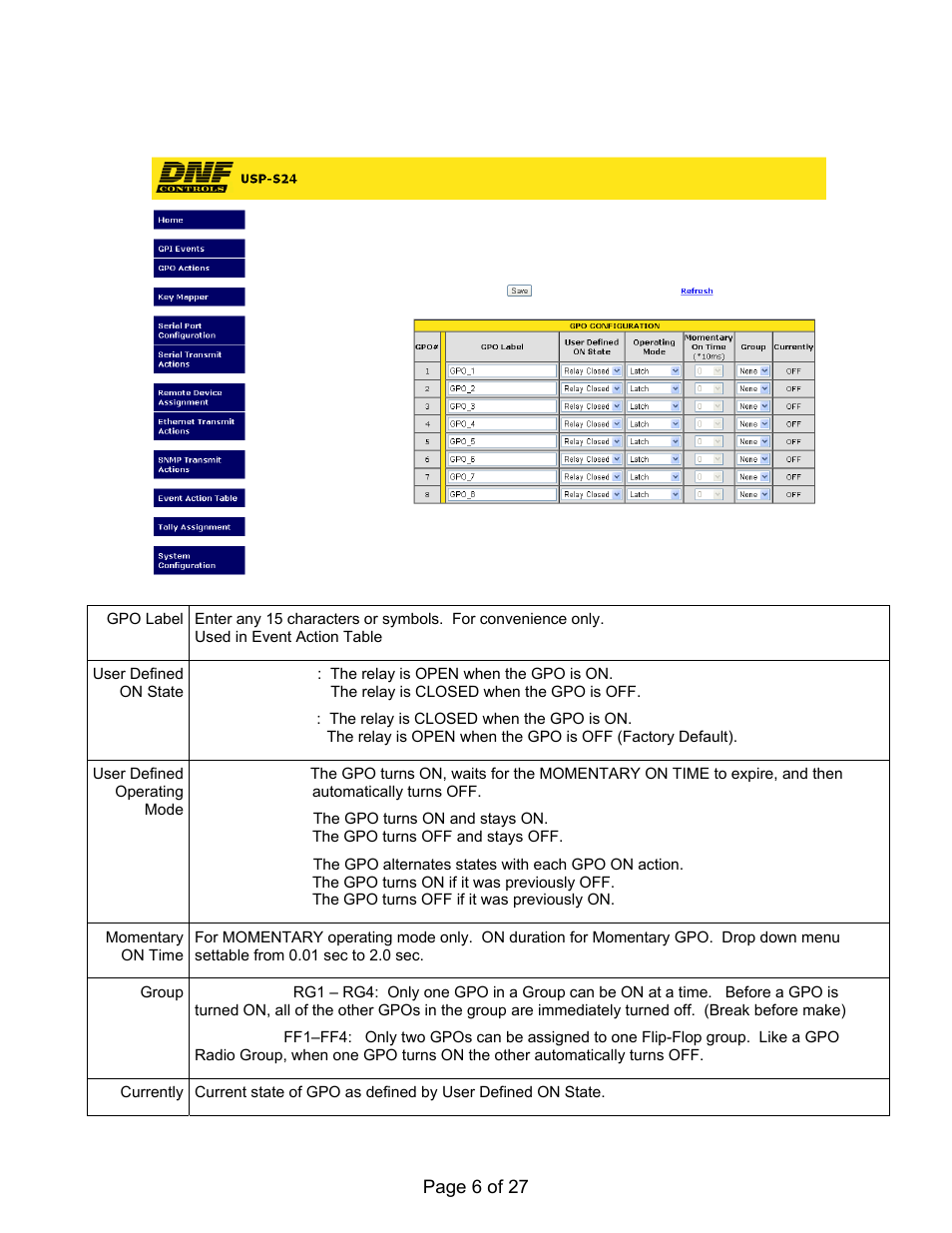 Gpo actions configuration web page | DNF Controls USP-S User Manual | Page 6 / 27