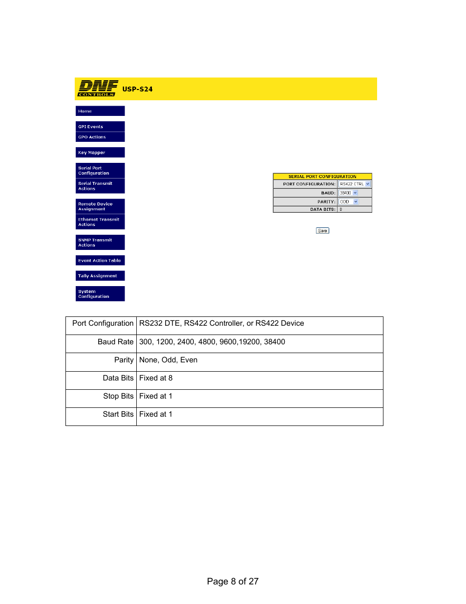 Serial port configuration web page | DNF Controls USP-S User Manual | Page 8 / 27