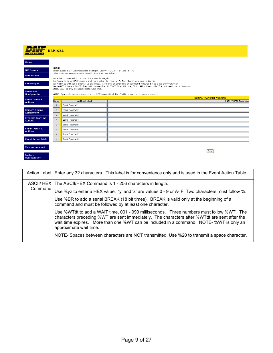 Serial transmit actions configuration web page | DNF Controls USP-S User Manual | Page 9 / 27