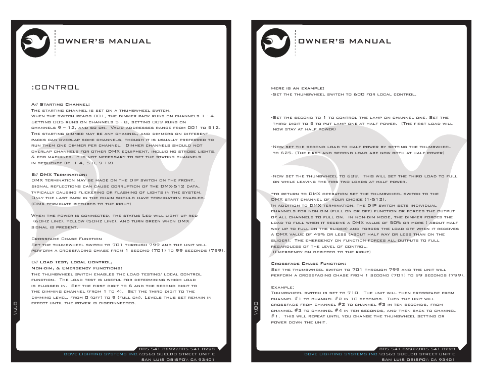Sb-07, Owner’s manual, Control | Dove Systems DM-410 User Manual | Page 4 / 6