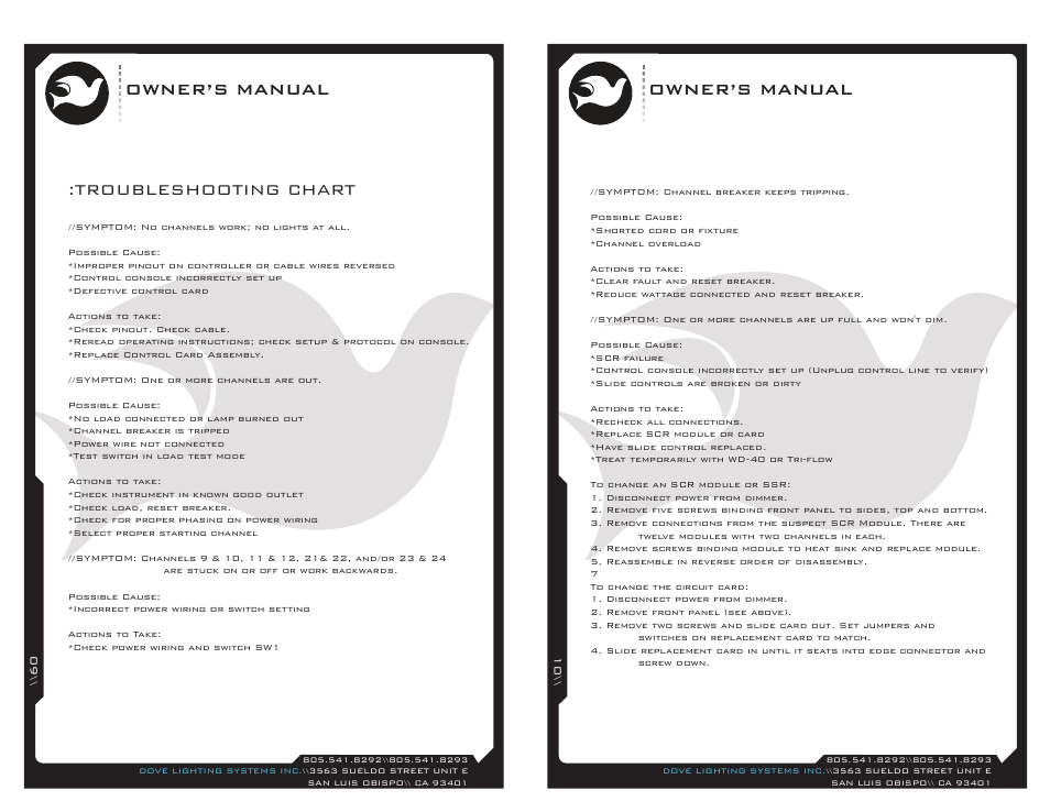 Dm2412-9, Owner’s manual, Troubleshooting chart | Dove Systems DM-1224 WM User Manual | Page 5 / 6