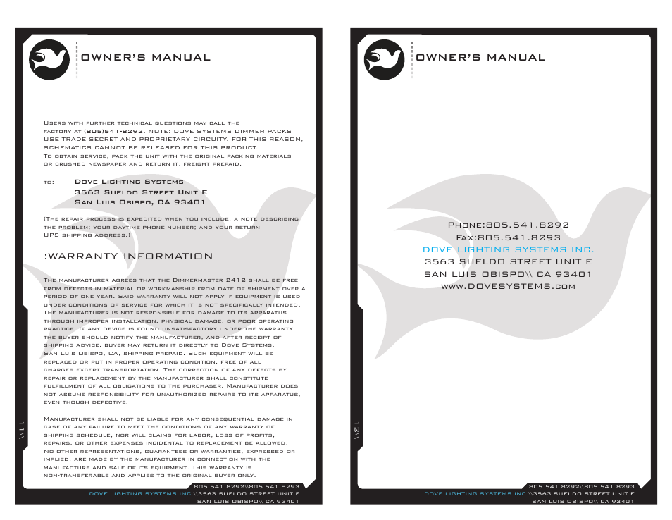 Dm2412-11, Owner’s manual, Warranty information | Dove Systems DM-1224 WM User Manual | Page 6 / 6