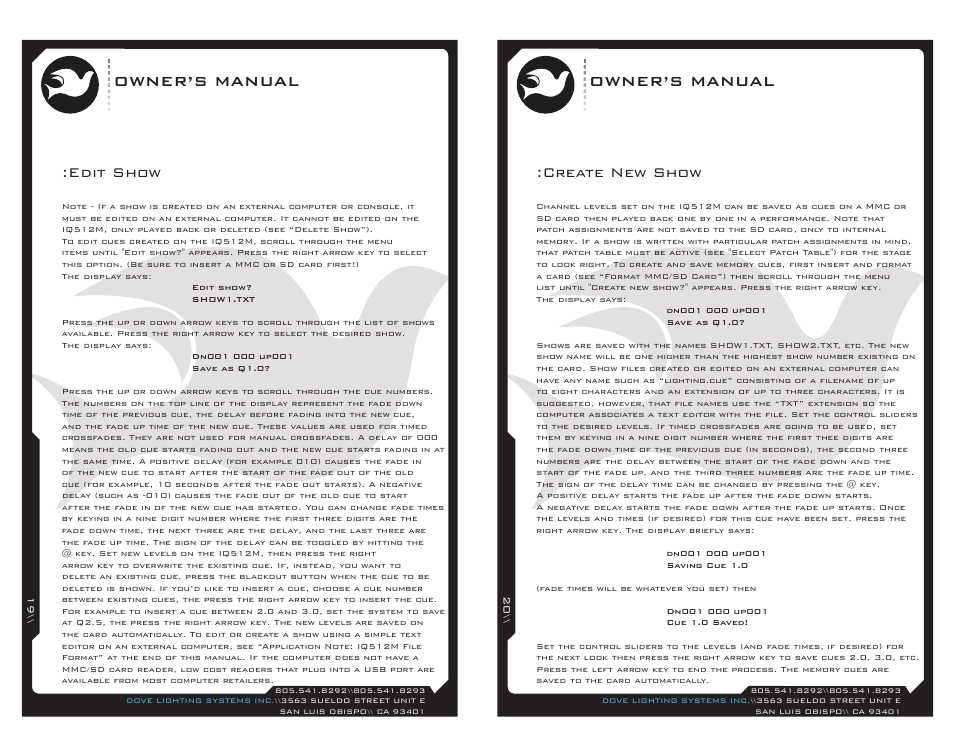 Iq512-19, Owner’s manual, Create new show | Edit show | Dove Systems IQ 512m User Manual | Page 10 / 15