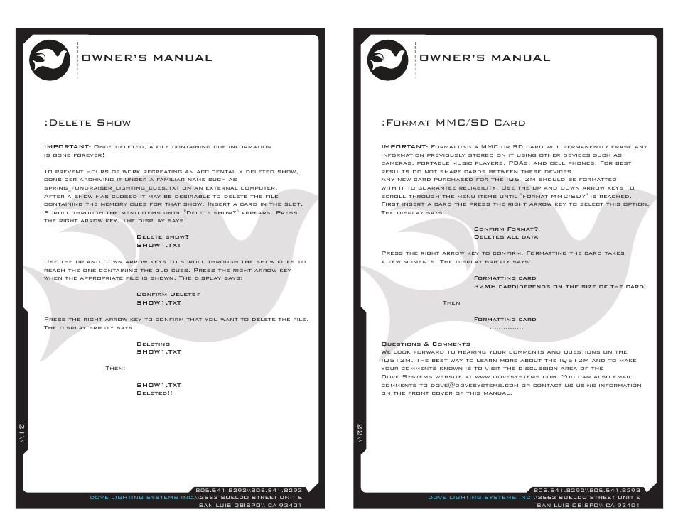 Iq512-21, Owner’s manual, Format mmc/sd card | Delete show | Dove Systems IQ 512m User Manual | Page 11 / 15