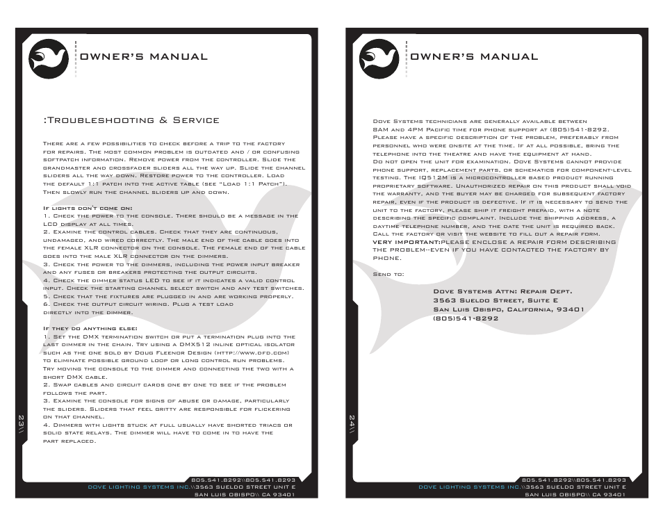 Iq512-23, Owner’s manual, Troubleshooting & service | Dove Systems IQ 512m User Manual | Page 12 / 15