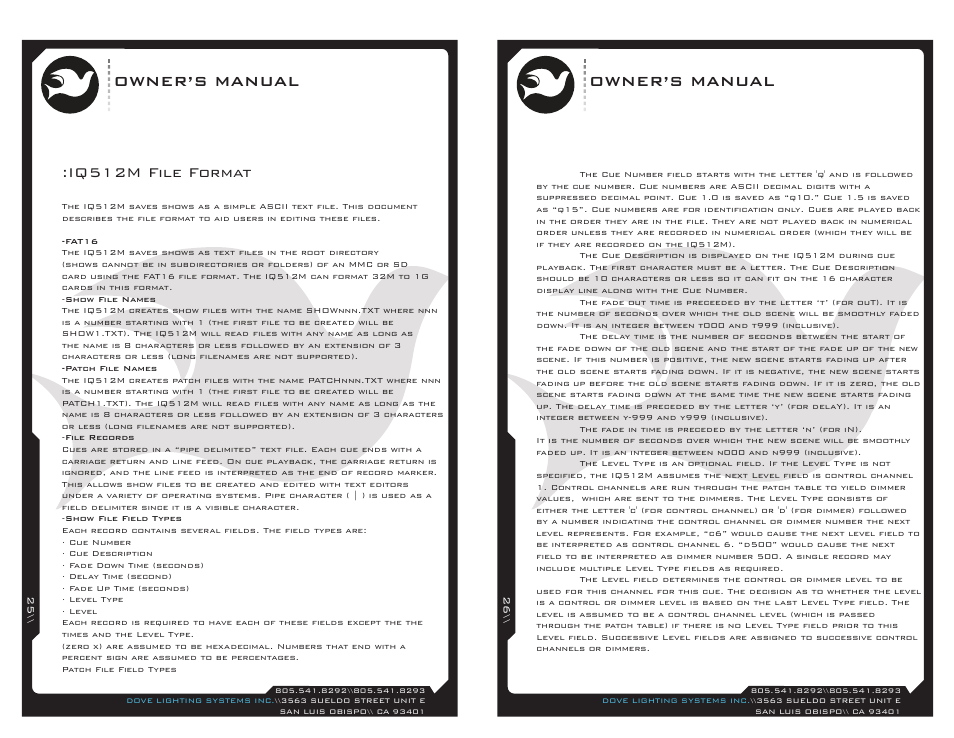 Iq512-25, Owner’s manual, Iq512m file format | Dove Systems IQ 512m User Manual | Page 13 / 15