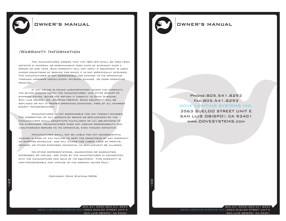 Iq512-29, Owner’s manual, Warranty information | Dove Systems IQ 512m User Manual | Page 15 / 15