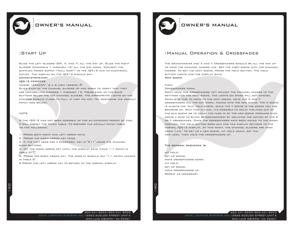 Iq512-05, Owner’s manual, Manual operation & crossfades | Start up | Dove Systems IQ 512m User Manual | Page 3 / 15