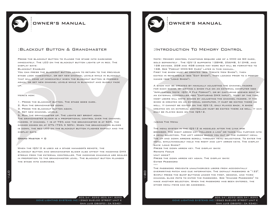Iq512-07, Owner’s manual, Blackout button & grandmaster | Dove Systems IQ 512m User Manual | Page 4 / 15