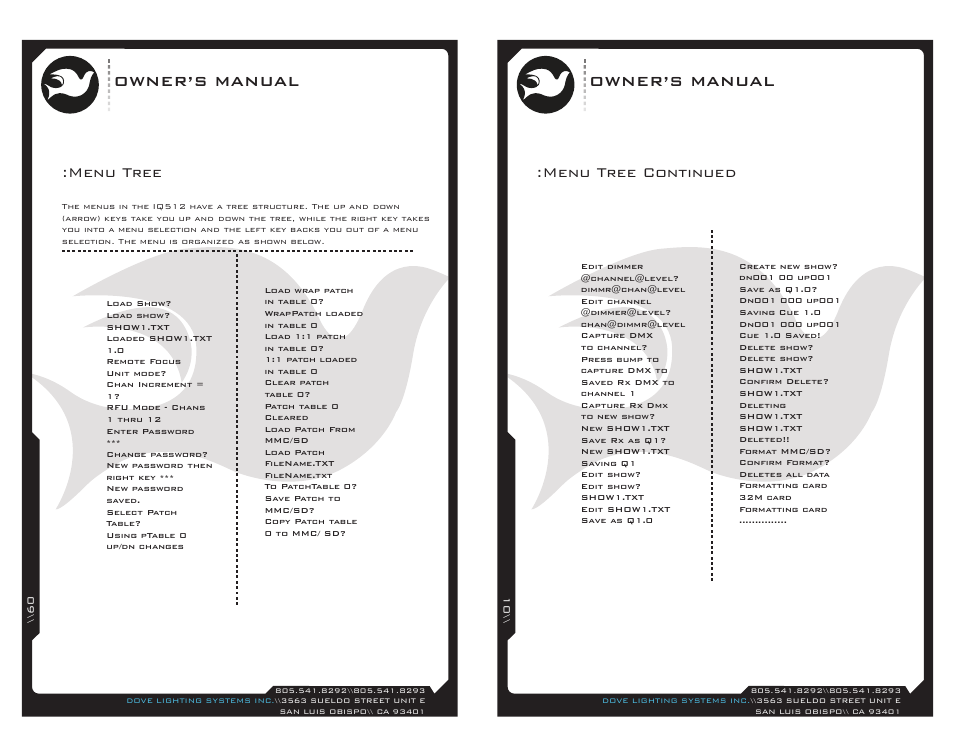 Iq512-09, Owner’s manual, Menu tree continued :menu tree | Dove Systems IQ 512m User Manual | Page 5 / 15