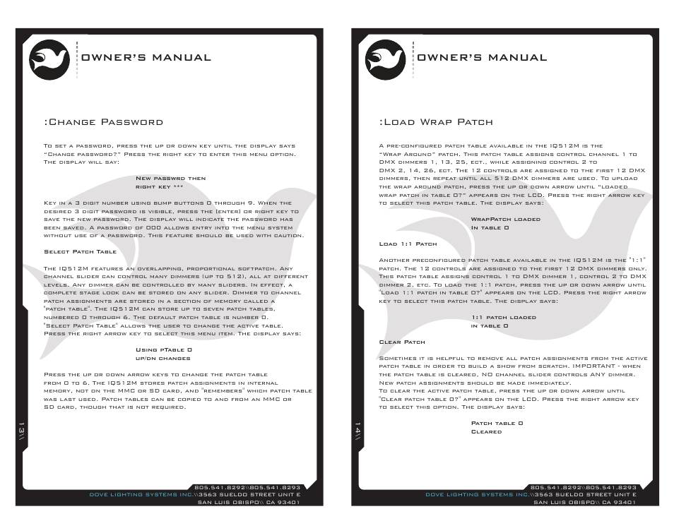 Iq512-13, Owner’s manual, Load wrap patch | Change password | Dove Systems IQ 512m User Manual | Page 7 / 15