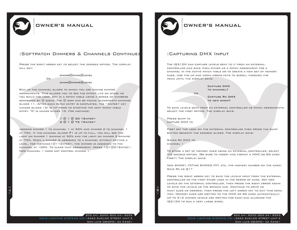 Iq512-17, Owner’s manual, Capturing dmx input | Softpatch dimmers & channels continued | Dove Systems IQ 512m User Manual | Page 9 / 15
