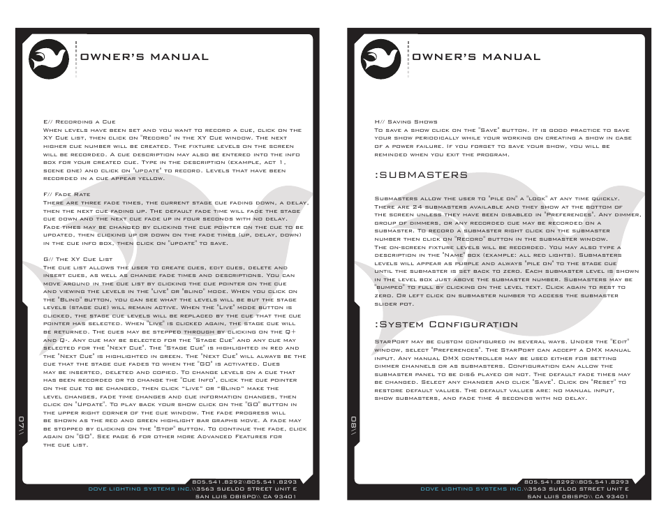 Sp-usb-7, Owner’s manual, Submasters | System configuration | Dove Systems Starport Win User Manual | Page 4 / 7