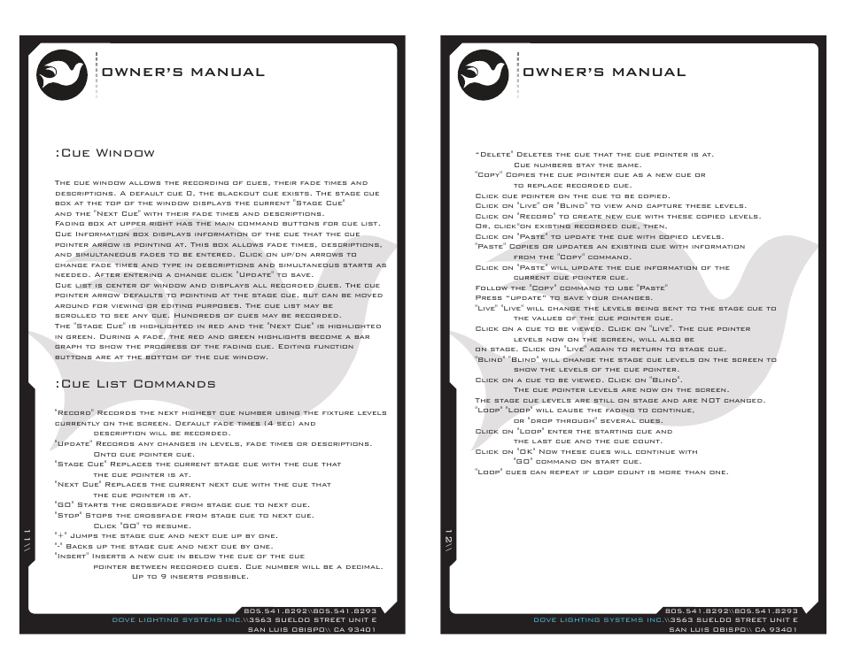 Sp-usb-11, Owner’s manual, Cue window | Cue list commands | Dove Systems Starport Win User Manual | Page 6 / 7