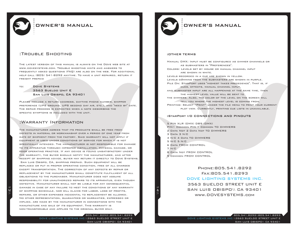 Sp-usb-13, Owner’s manual, Trouble shooting | Warranty information | Dove Systems Starport Win User Manual | Page 7 / 7