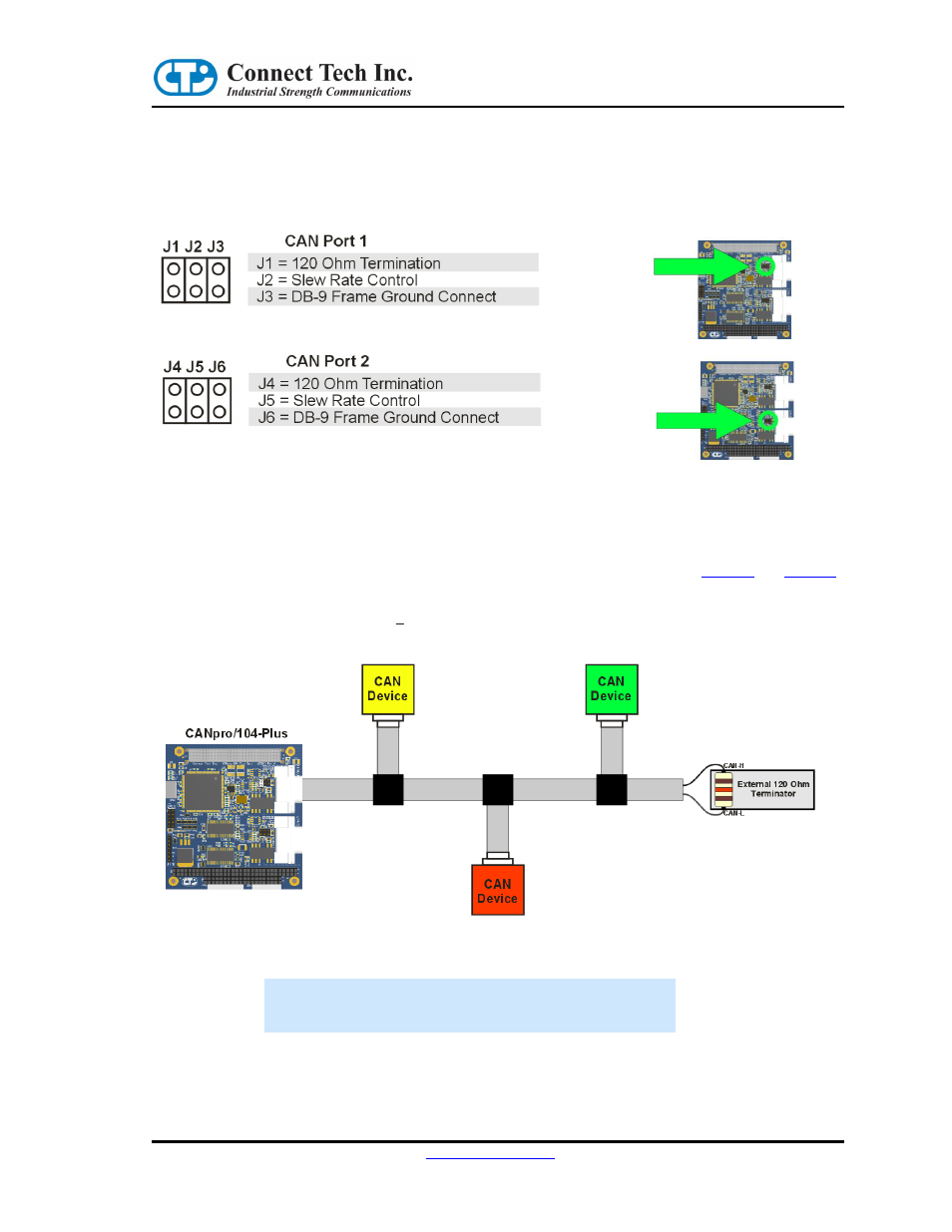 On-board jumper configuration, Figure 3: can ports and jumper locations, 120 ohm termination jumpers | Connect Tech CANpro/104-Plus User Manual | Page 9 / 22