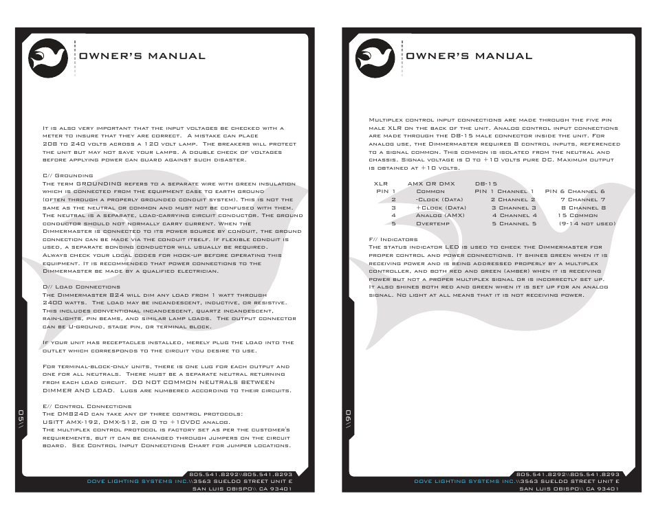 Owner’s manual | Dove Systems DIMMERMASTER 824 User Manual | Page 3 / 5